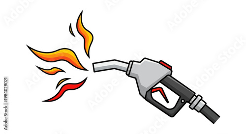 gasoline nozzle with fire and flames illustrating high energy burning fuel and the cost of energy consumption.