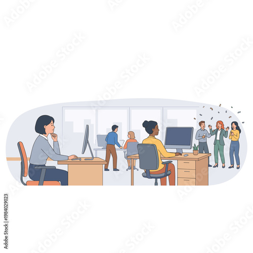 People interact in a modern office setting with computers and desks