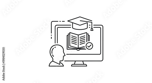online education e-learning icon showing person studying digital courses on computer for academic success.