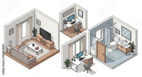 Isometric view of modern apartment rooms including living room home office and bathroom.