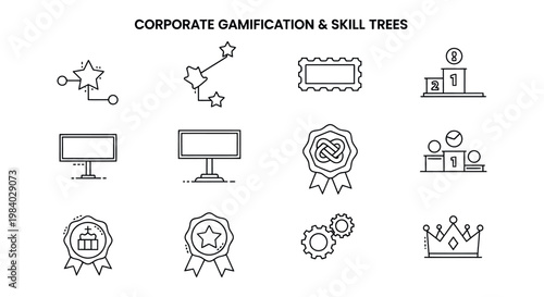 corporate gamification and skill trees vector icons illustrate progression achievement and rewards for business and employee engagement.