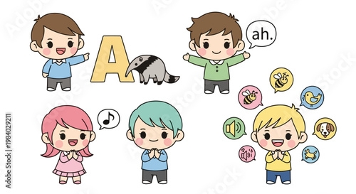 Cartoon children with speech bubbles.