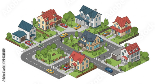 Isometric View of Suburban Neighborhood with Houses and Streets.