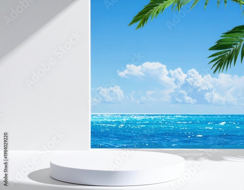 푸른 바다와 하늘을 배경으로 한 흰색 원형 연단이 여름 휴가 분위기를 연출하며 제품 전시를 위한 깨끗하고 시원한 공간을 제공합니다.