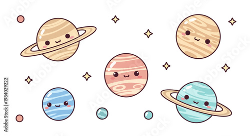 Cartoon planets with smiling faces.