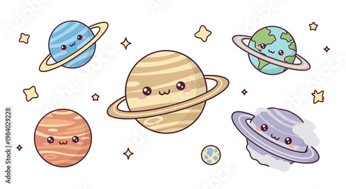 Cartoon planets with smiling faces.