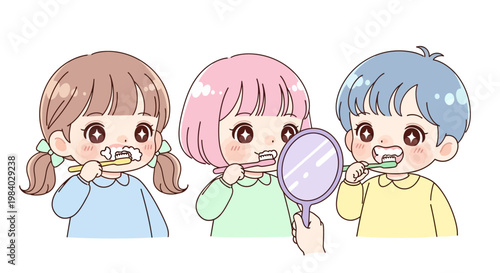 Children brushing their teeth together.