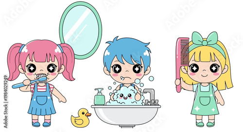 Children Brushing Teeth and Taking Bath.