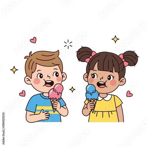 Children Eating Ice Cream Cones Smiling.