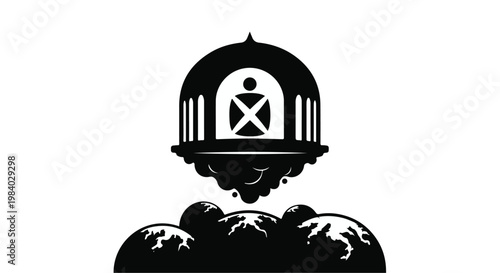 Mysterious dark structure emerges from a surreal, abstract landscape.