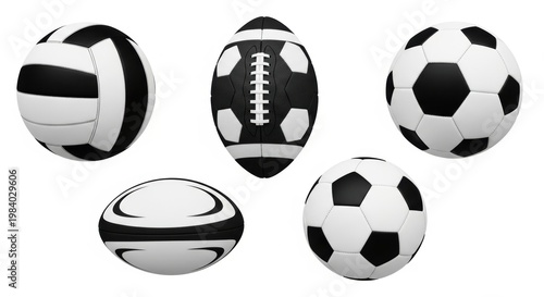 Assorted black and white sports balls displayed in a grid layout