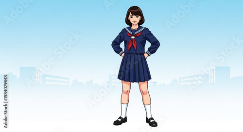 Japanese School Girl Standing Confidently in Uniform.