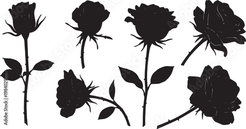 Black Solid Blooming Rose Flower Silhouettes Set of Six