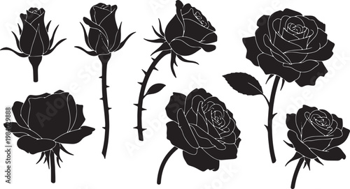 Black Solid Blooming Rose Flower Silhouettes Set of Six