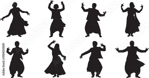 Black Solid Bollywood Dance Silhouettes Set of Six on White Background