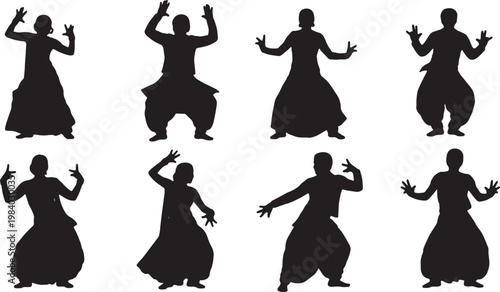 Black Solid Bollywood Dance Silhouettes Set of Six on White Background