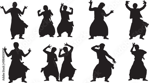 Black Solid Bollywood Dance Silhouettes Set of Six on White Background