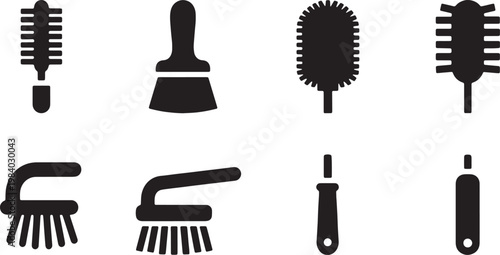 Black Solid Bottle Cleaning Brushes Silhouettes Set of Six on White Background