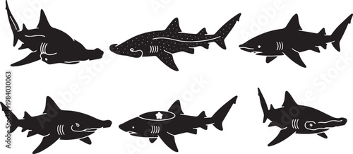 Black Solid Ground Shark Silhouettes Set of Six on White Background
