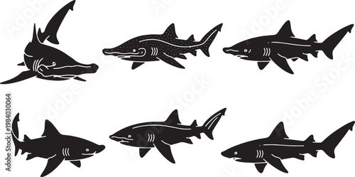 Black Solid Ground Shark Silhouettes Set of Six on White Background