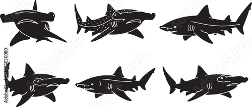 Black Solid Ground Shark Silhouettes Set of Six on White Background