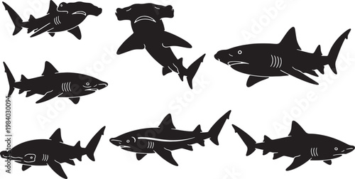 Black Solid Ground Shark Silhouettes Set of Six on White Background