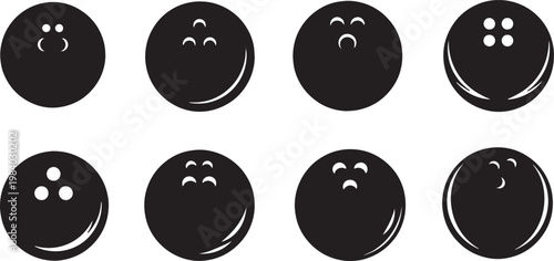 Black Solid Bowling Balls Silhouettes Set of Six on White Background