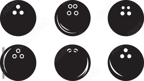 Black Solid Bowling Balls Silhouettes Set of Six on White Background