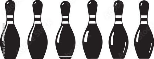 Black Solid Bowling Pin Types Silhouettes Set of Six on White Background