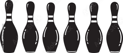 Black Solid Bowling Pin Types Silhouettes Set of Six on White Background