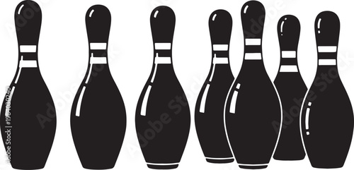 Black Solid Bowling Pin Types Silhouettes Set of Six on White Background