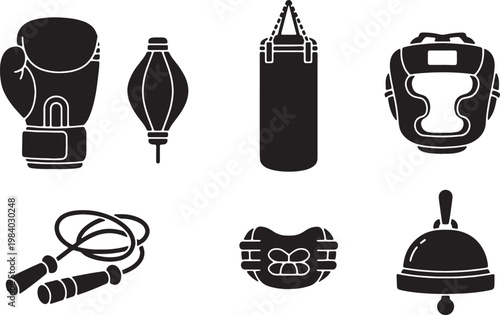 Black Solid Boxing Equipment Silhouettes Set of Six on White Background