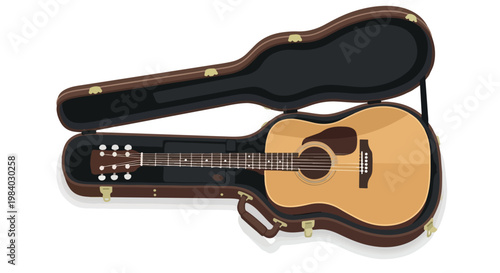 Acoustic guitar with a light brown body and dark brown neck in a partially opened hardcase on a white background.