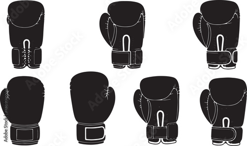 Black Solid Boxing Glove Types Silhouettes Set of Six on White Background