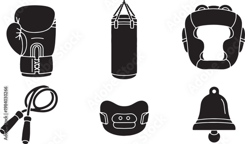 Black Solid Boxing Equipment Silhouettes Set of Six on White Background