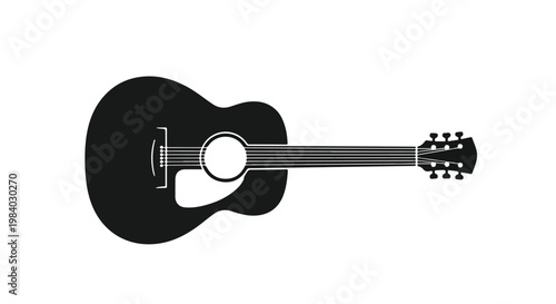 A black acoustic guitar with a minimalist design on a plain white background, showcasing its body and headstock.