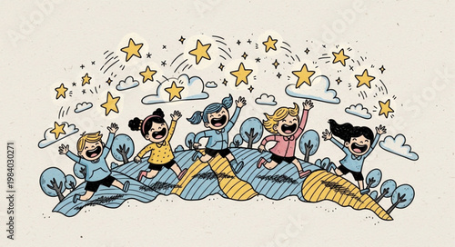 Joyful children celebrating with stars and clouds.