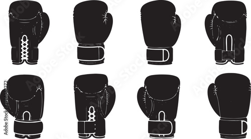 Black Solid Boxing Glove Types Silhouettes Set of Six on White Background