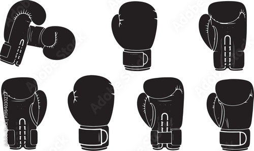 Black Solid Boxing Glove Types Silhouettes Set of Six on White Background