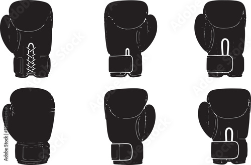 Black Solid Boxing Glove Types Silhouettes Set of Six on White Background
