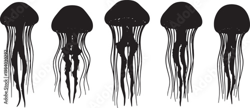 Black Solid Box Jellyfish Silhouettes Set of Six on White Background