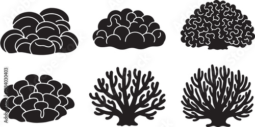 Black Solid Coral Landscape Silhouettes Set of Six on White Background