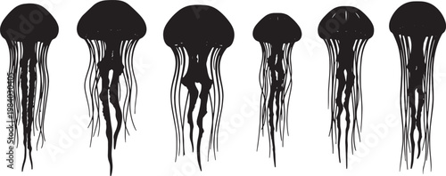 Black Solid Box Jellyfish Silhouettes Set of Six on White Background