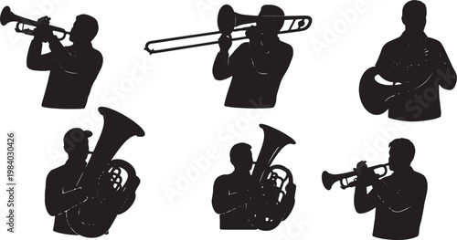 Black Solid Brass Instrument Musicians Silhouettes Set of Six on White Background
