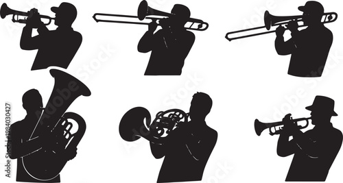 Black Solid Brass Instrument Musicians Silhouettes Set of Six on White Background