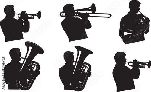 Black Solid Brass Instrument Musicians Silhouettes Set of Six on White Background