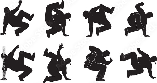 Black Solid Breakdance Footwork Silhouettes Set of Six on White Background