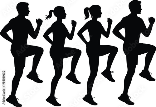 Running people silhouettes set, fitness training high knees exercise vector illustration for sport, workout