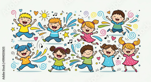 Joyful Children Dancing and Playing Together in a Vibrant Illustration.