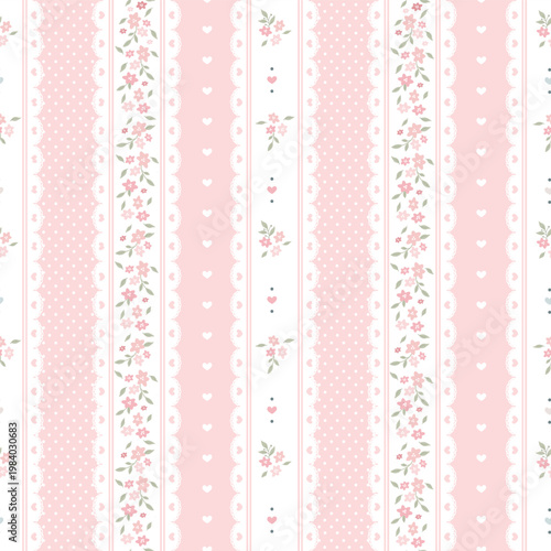 Quadro em tela Delicate Pink Floral Vertical Stripe Seamless Pattern with Lace, Hearts and Polka Dots